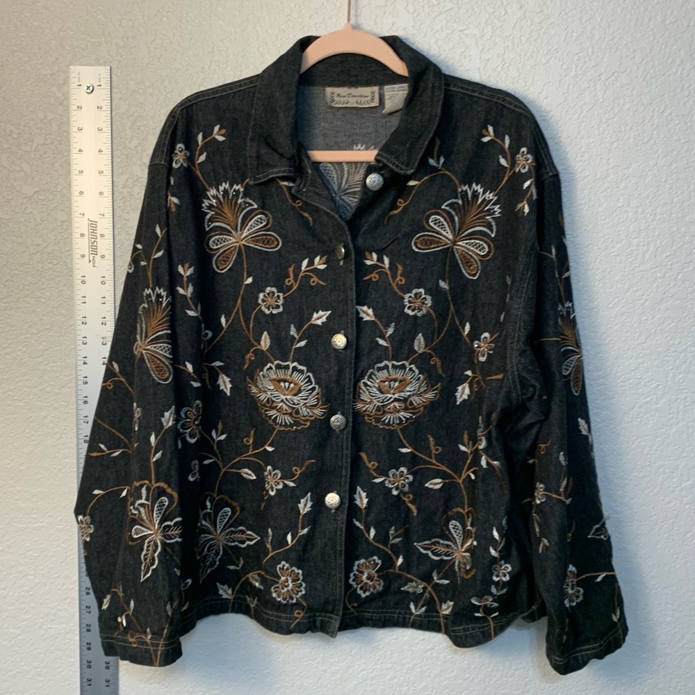 New Directions Black Floral Embroidered Jean Jacket
